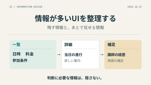 「情報が多いUIを整理する」の表紙。下部の一覧、詳細、補足という流れで、日時と料金と参加条件は一覧に残し、当日の進行と講師経歴を段階的に見せる。