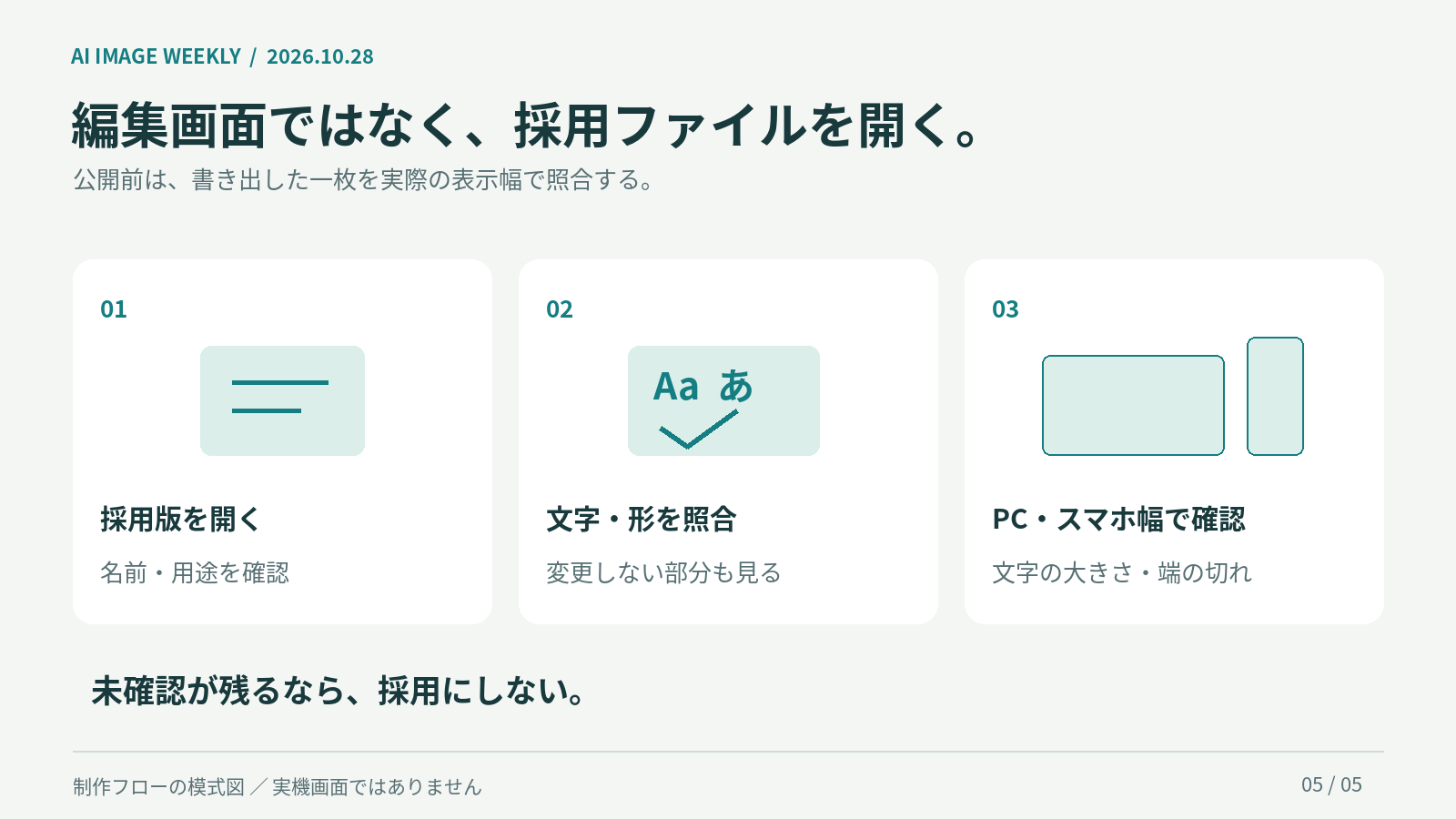 採用版のファイルを開き、文字や形を照合し、PCとスマートフォン相当の表示幅で確認する三段階。