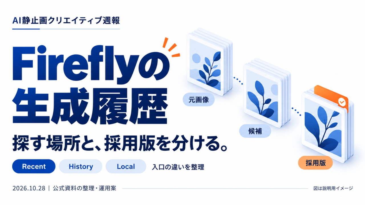 Fireflyの生成履歴、Recent files、Local storageから採用画像を整理する流れを示す週報の表紙。実際のアプリ画面ではない概念図。