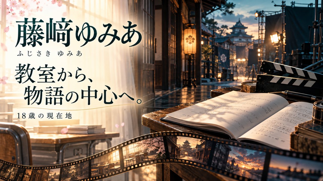 藤﨑ゆみあの出演歴を、教室・時代劇の街並み・台本と撮影ライトで表したオリジナル画像。「教室から、物語の中心へ。」