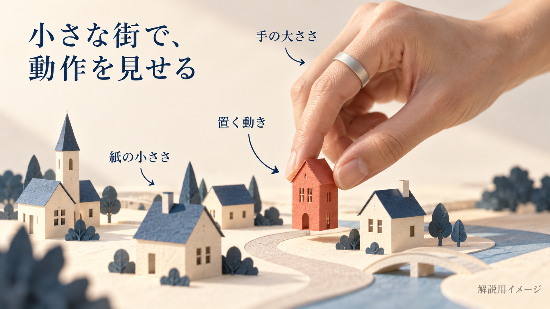 紙のミニチュアの街に大人の手が小さな家を置き、手と街の大きさの対比を見せる解説用イメージ