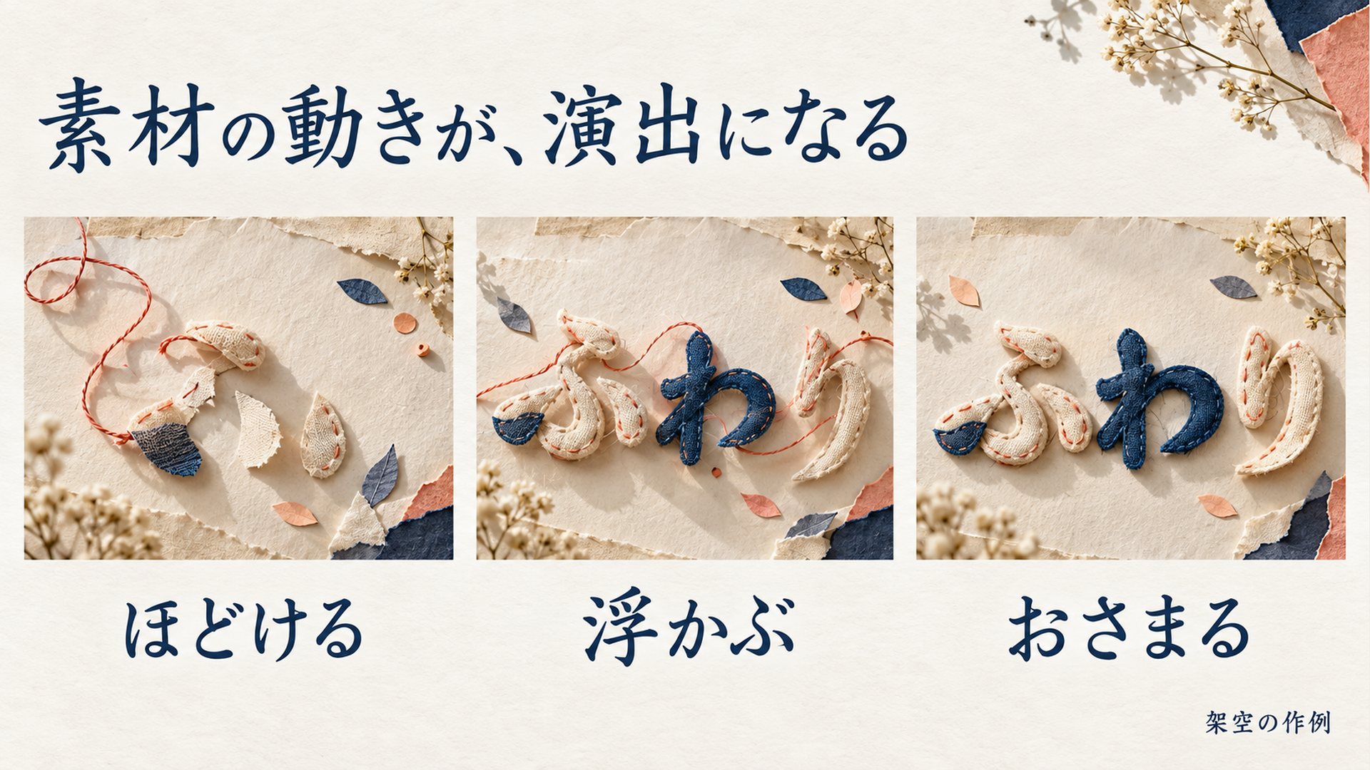 布と糸で作った「ふわり」の文字が、ほどける、浮かぶ、おさまるという三つの状態を見せる架空の作例