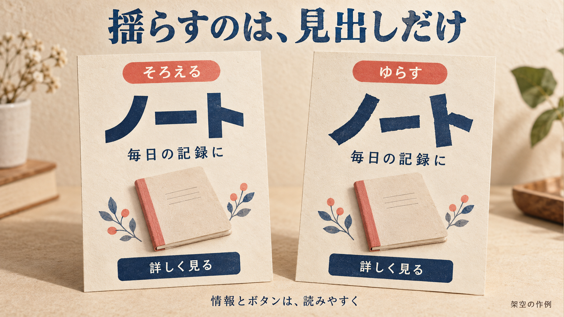 同じ「ノート」の見出しを均一な文字と不揃いな文字で比べ、説明文とボタンは整えている架空の広告作例