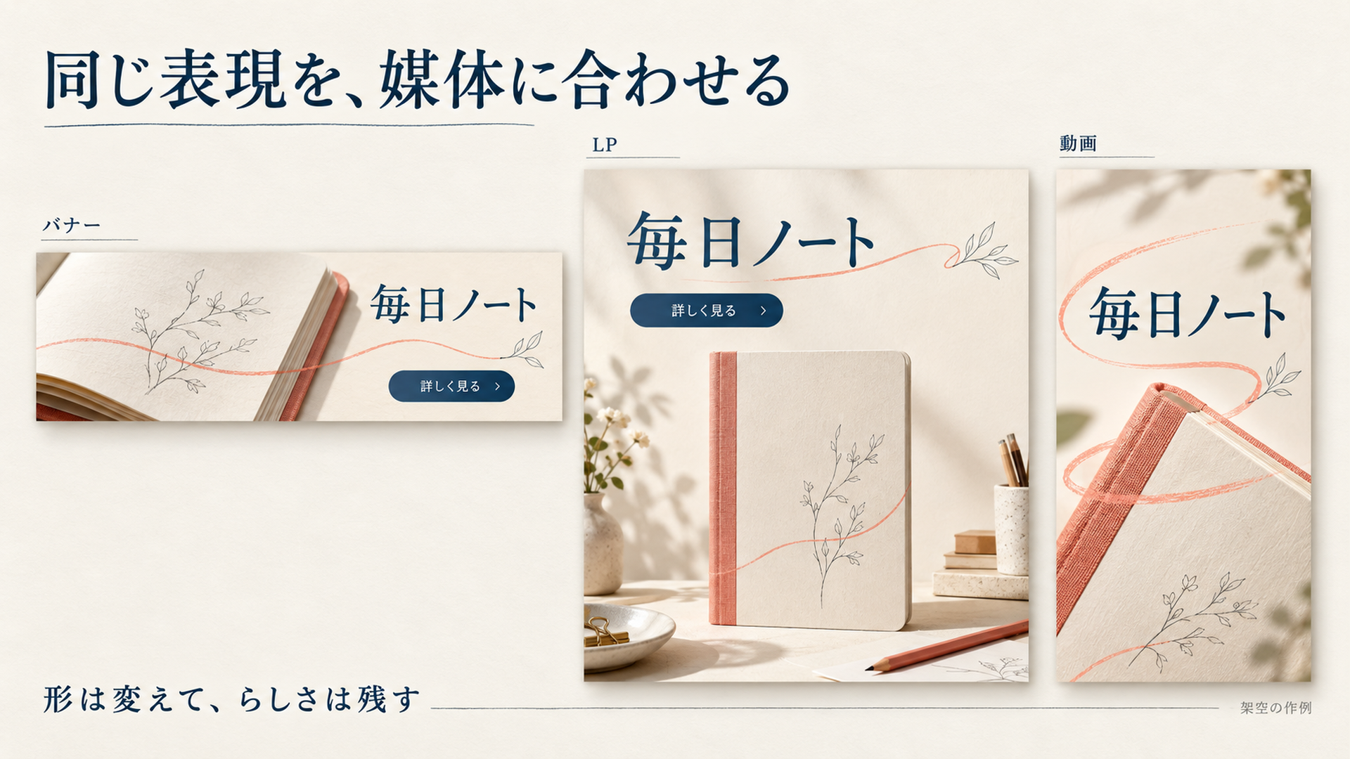 架空の商品「毎日ノート」の色と描線を共有し、横長バナー、LP、縦型動画へ組み替えた三つの作例