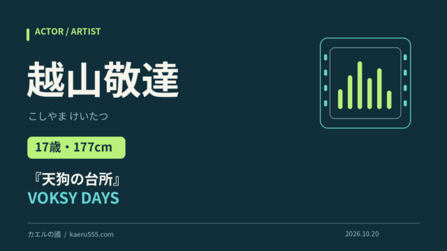 越山敬達の名前と、17歳・177cm、『天狗の台所』、VOKSY DAYSの活動を紹介する文字と抽象図形のオリジナル画像。