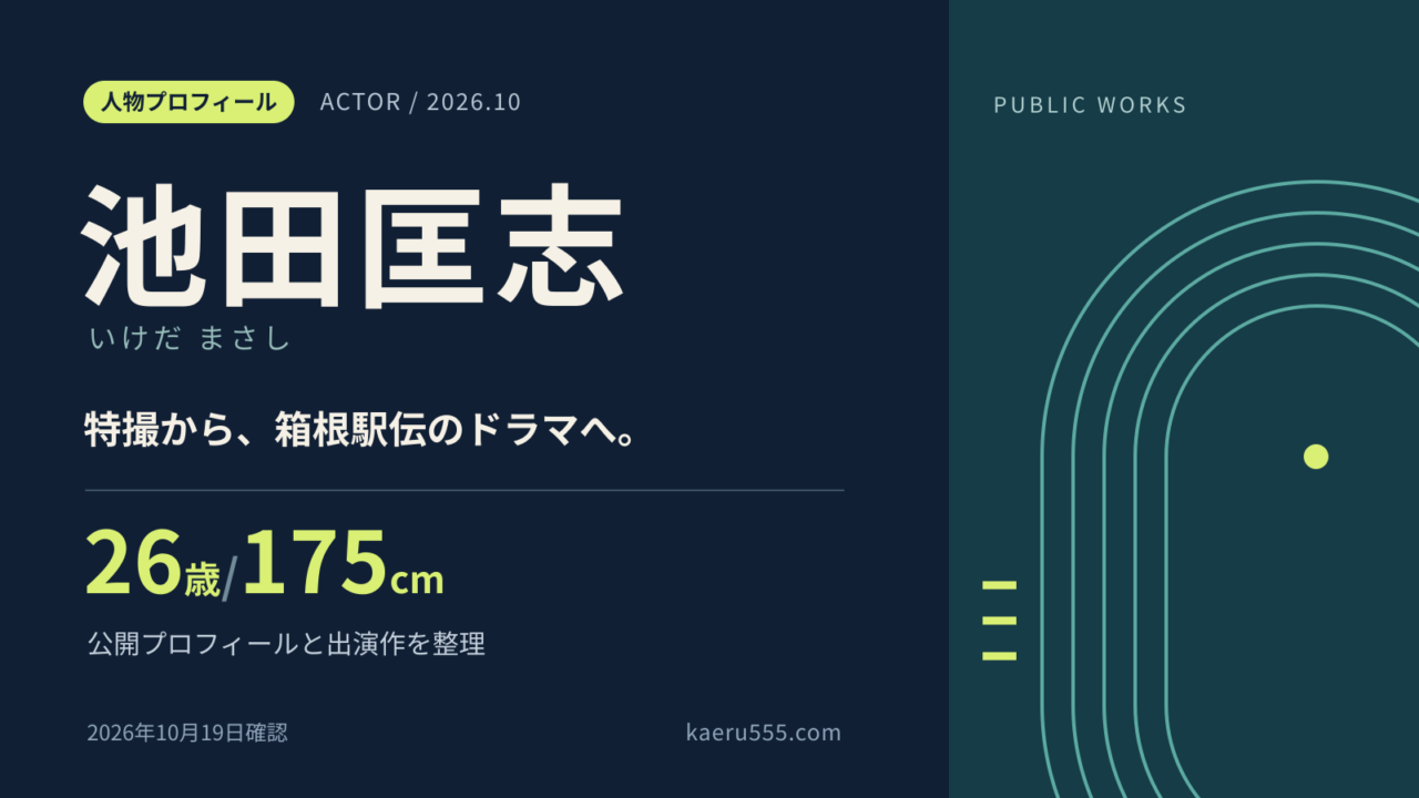 池田匡志の年齢・身長と、特撮から箱根駅伝のドラマへ広がる出演活動を紹介する文字と抽象図形のオリジナル画像