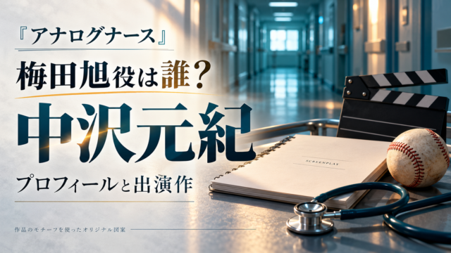 中沢元紀のプロフィール記事。医療ドラマを示す聴診器と台本、過去の出演作を示す野球ボールを配したオリジナル図案。