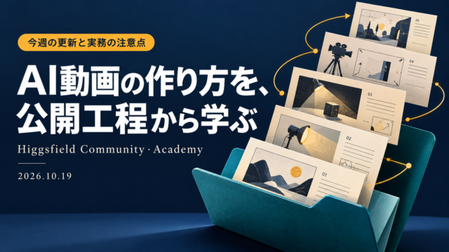 AI動画の作り方を公開工程から学ぶ。Higgsfield Community・Academy、2026年10月19日。制作の順番を示すカードとファイル。