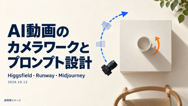 マグとカメラを俯瞰した、AI動画のカメラワークとプロンプトの作り方の説明用表紙。2026年10月12日